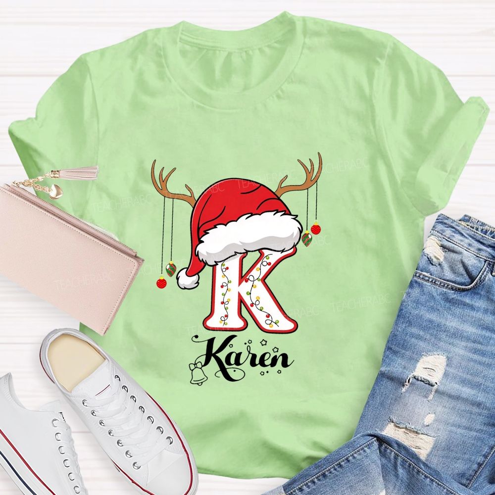 Personalized Name Christmas Hat String Lights Decoration Teacher T-shirt