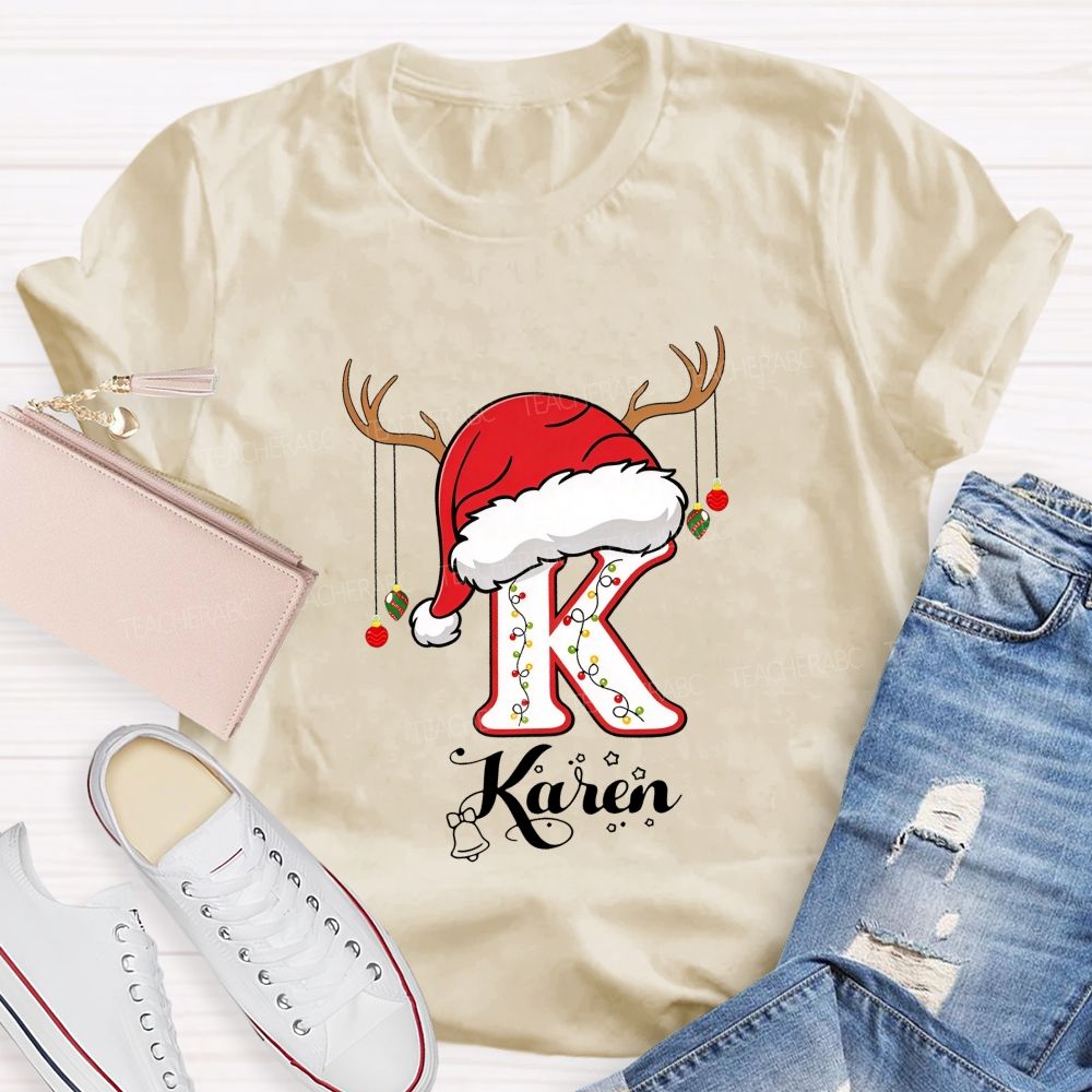 Personalized Name Christmas Hat String Lights Decoration Teacher T-shirt