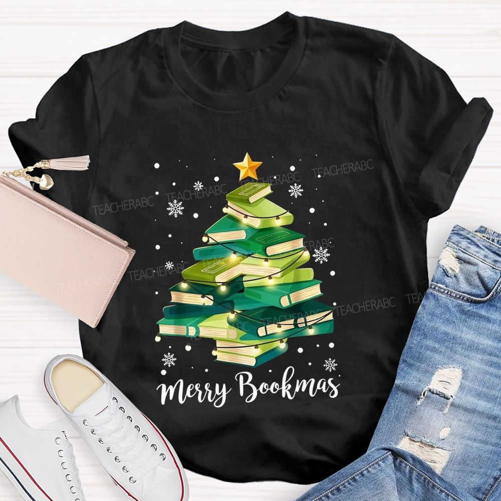Merry Bookmas Book Christmas Tree Teacher T-shirt