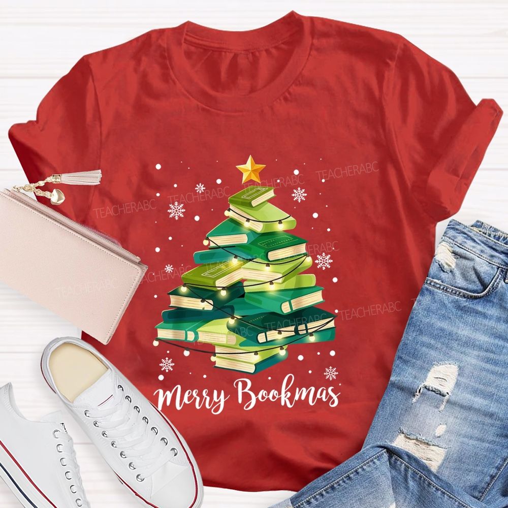 Merry Bookmas Book Christmas Tree Teacher T-shirt