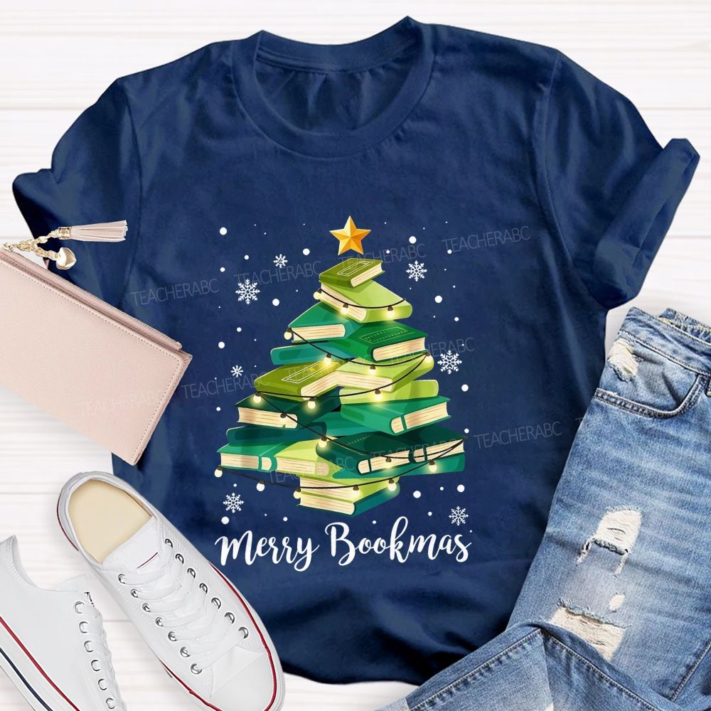 Merry Bookmas Book Christmas Tree Teacher T-shirt