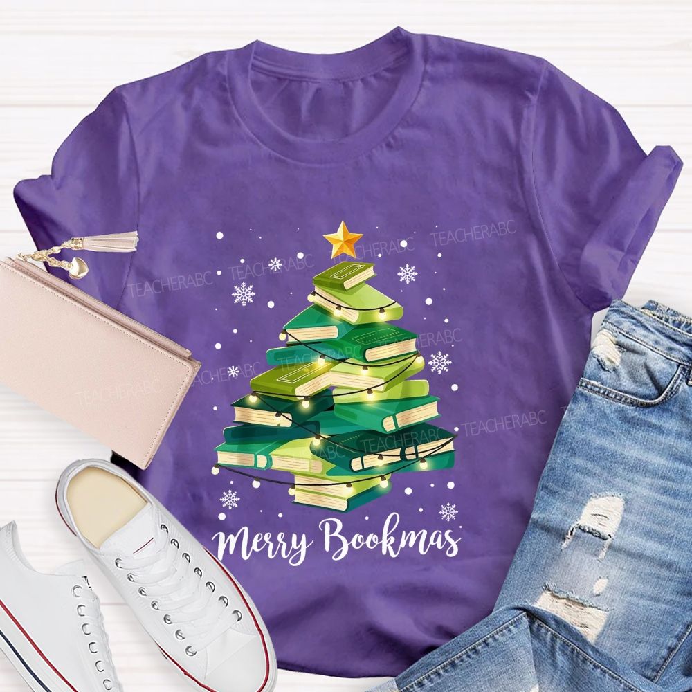 Merry Bookmas Book Christmas Tree Teacher T-shirt