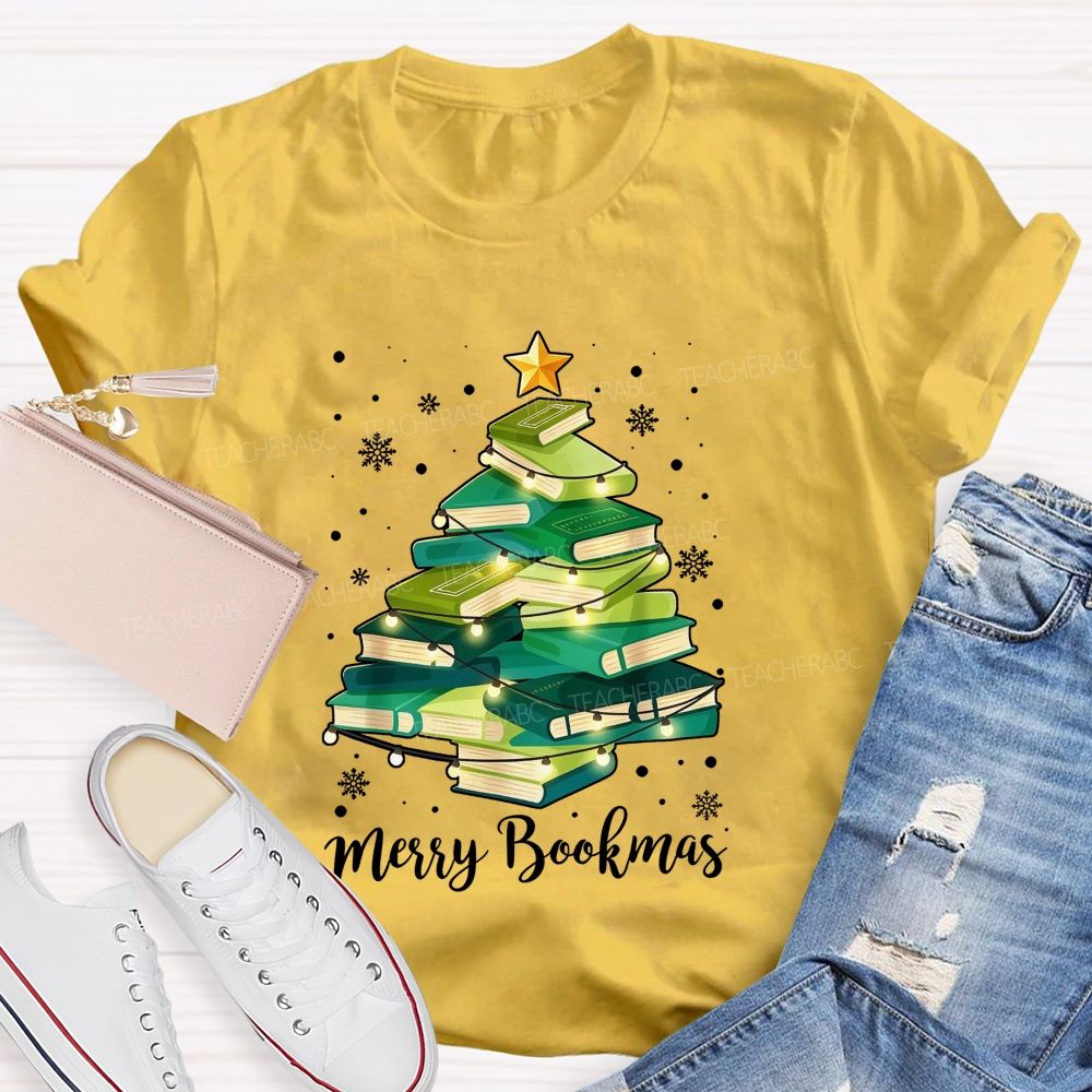 Merry Bookmas Book Christmas Tree Teacher T-shirt