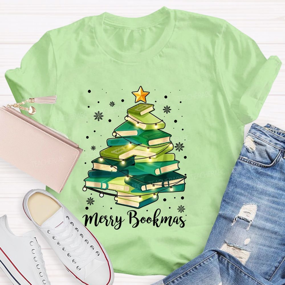 Merry Bookmas Book Christmas Tree Teacher T-shirt