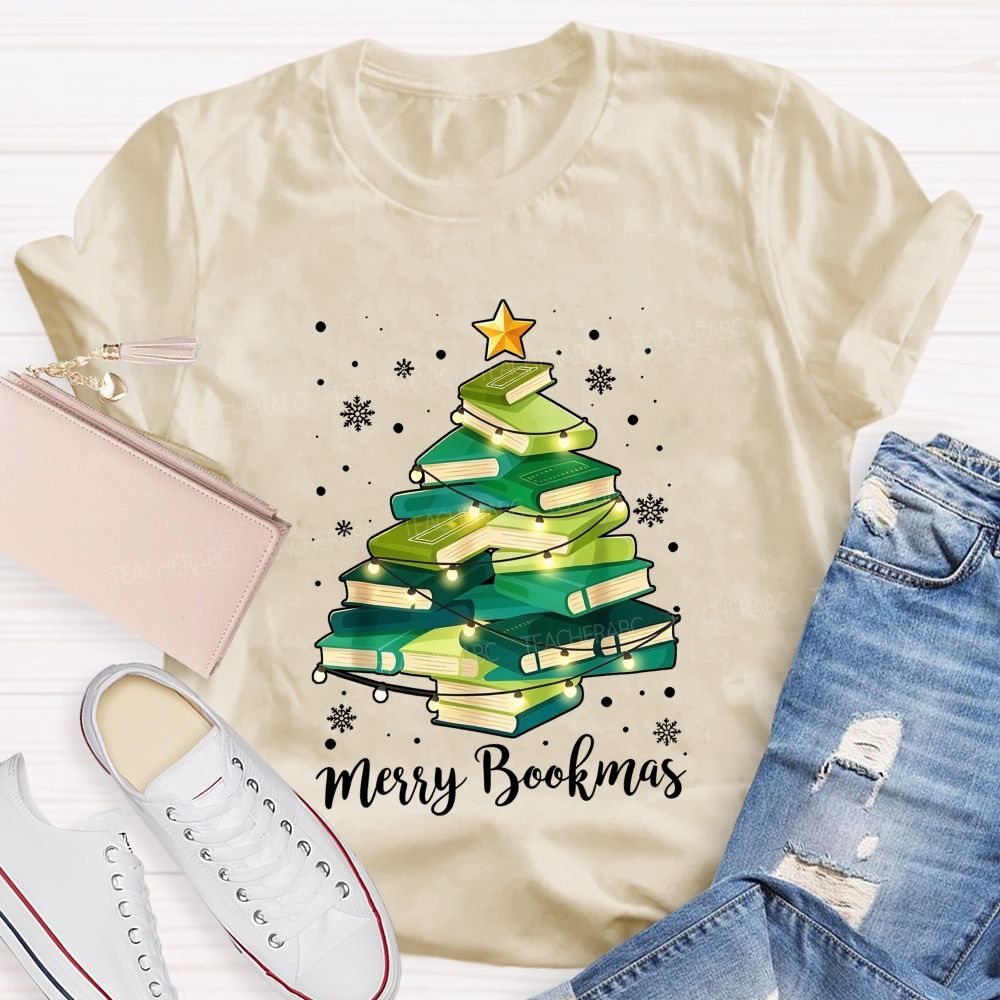 Merry Bookmas Book Christmas Tree Teacher T-shirt
