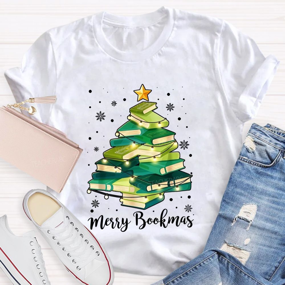Merry Bookmas Book Christmas Tree Teacher T-shirt
