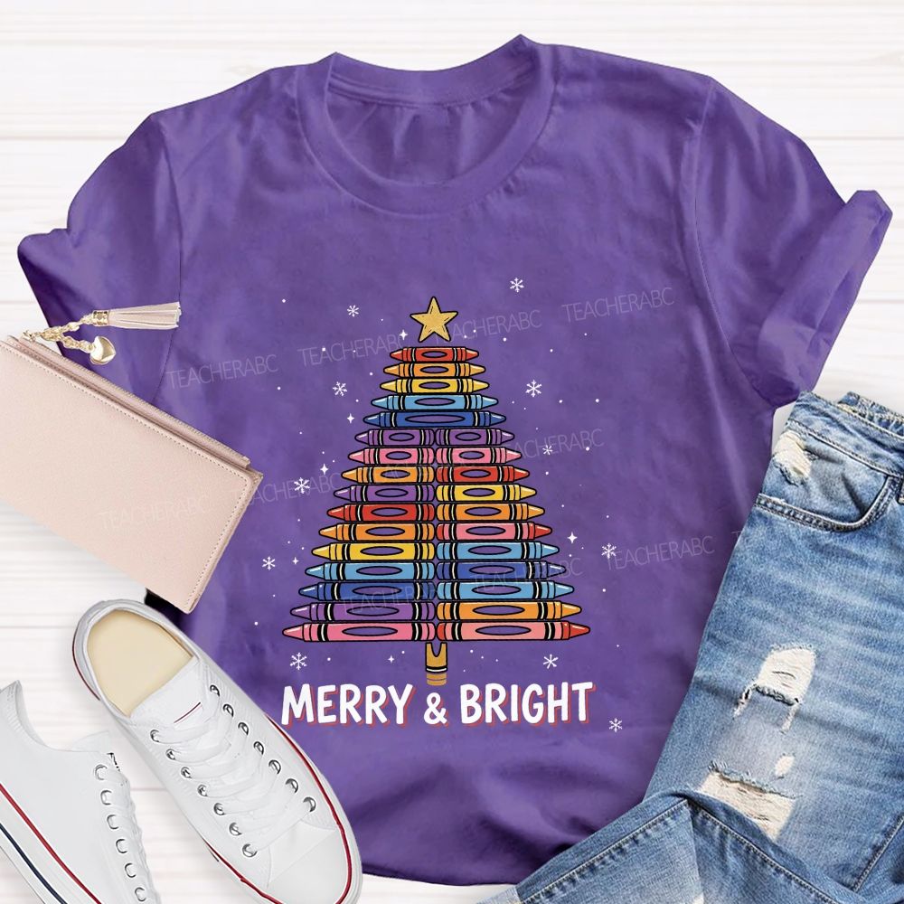 Merry And Bright Crayons Christmas Tree Teacher T-shirt