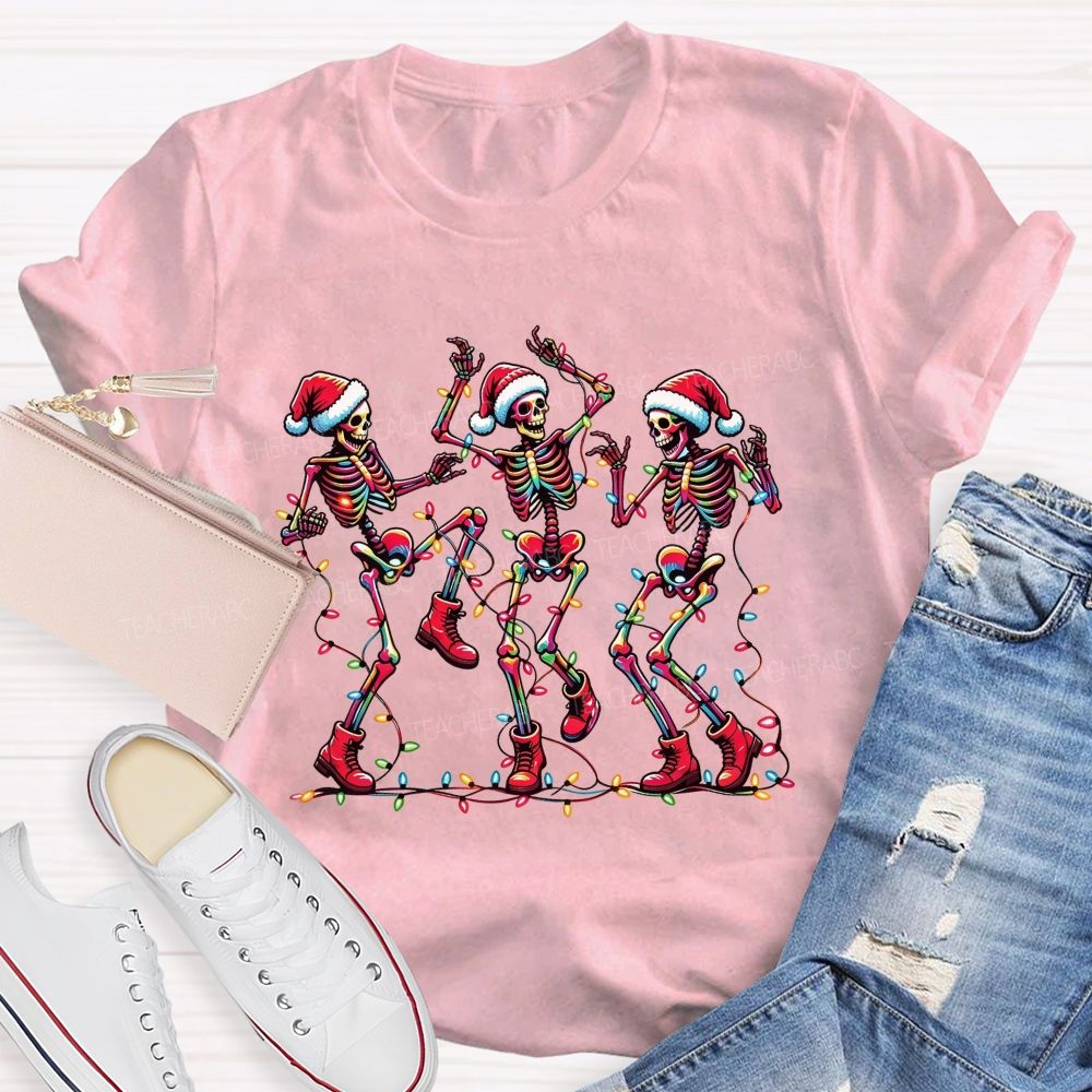 Dancing Christmas Skeletons With Santa Hat Christmas Lights Teacher T-shirt