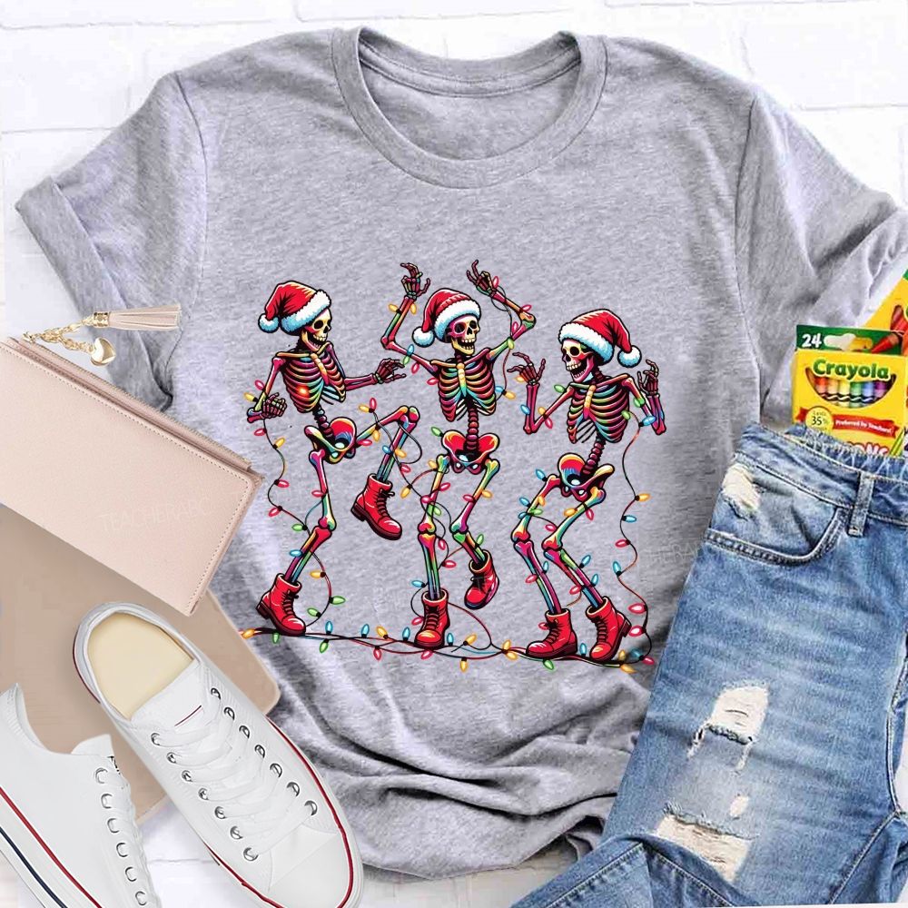 Dancing Christmas Skeletons With Santa Hat Christmas Lights Teacher T-shirt