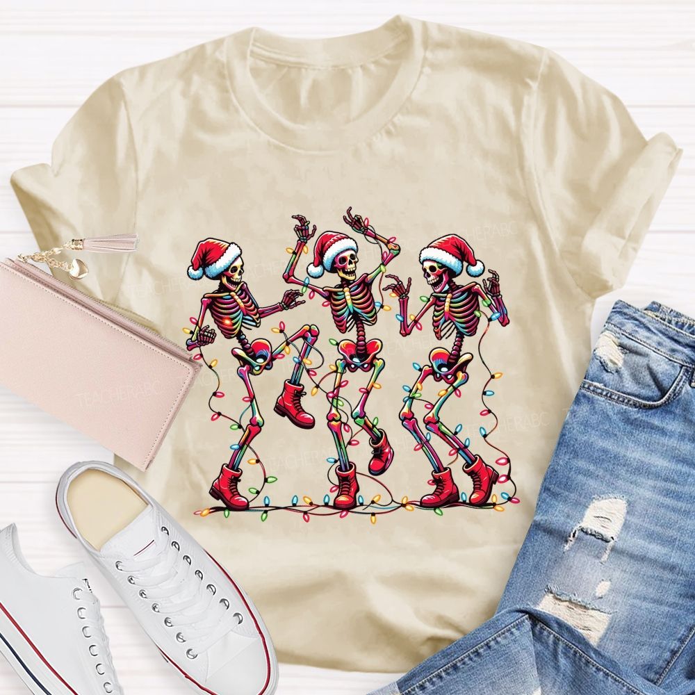Dancing Christmas Skeletons With Santa Hat Christmas Lights Teacher T-shirt