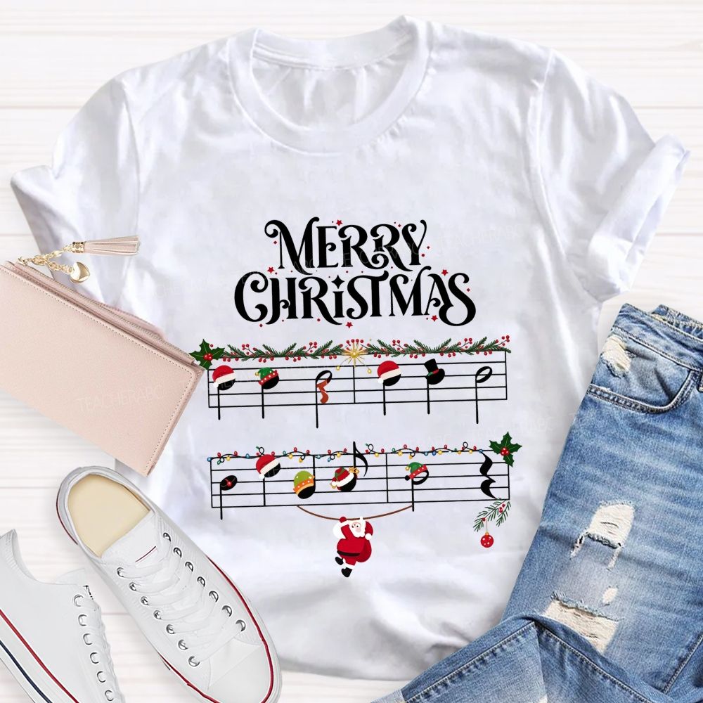 Merry Christmas Music Notes Music Staff Santa Teacher T-shirt