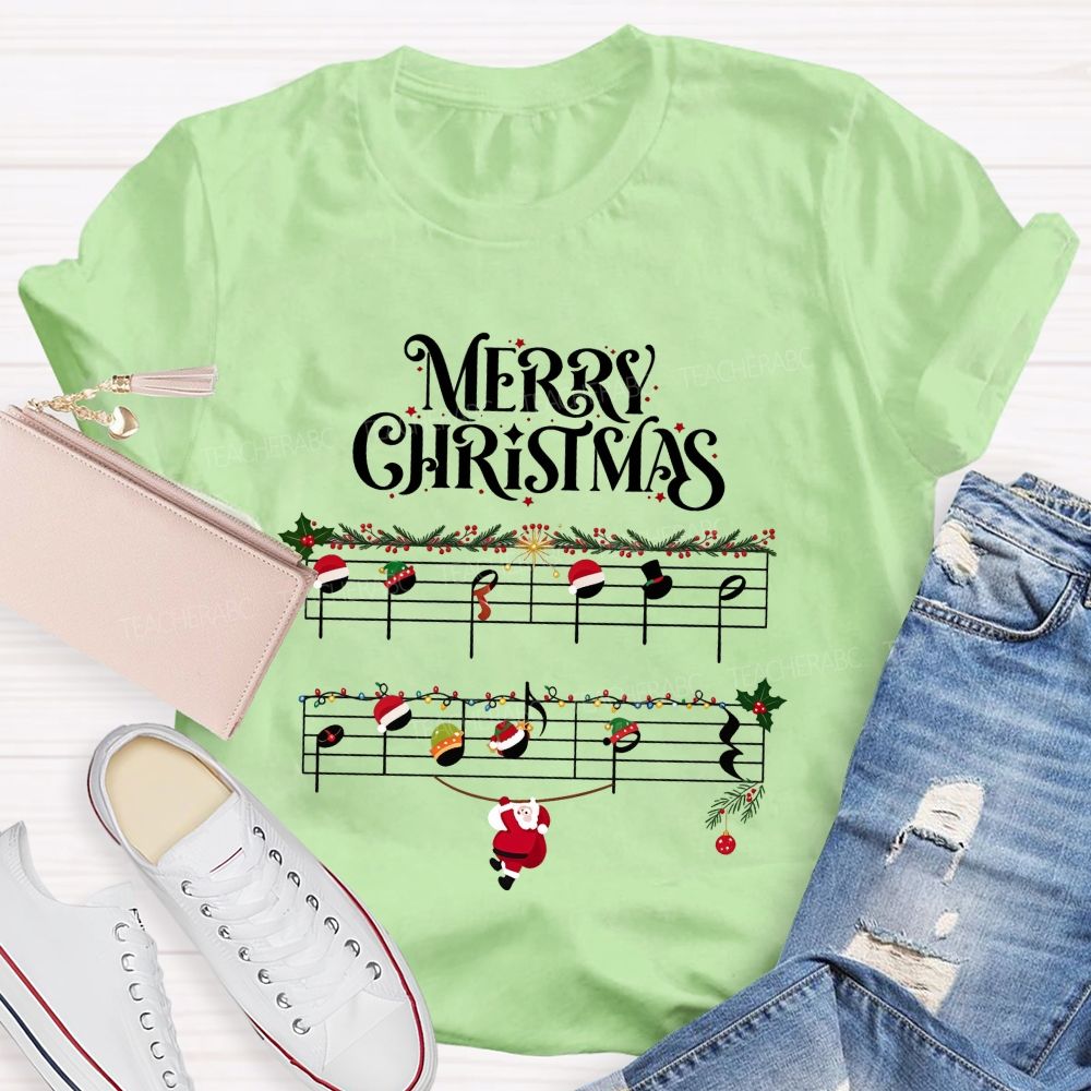 Merry Christmas Music Notes Music Staff Santa Teacher T-shirt