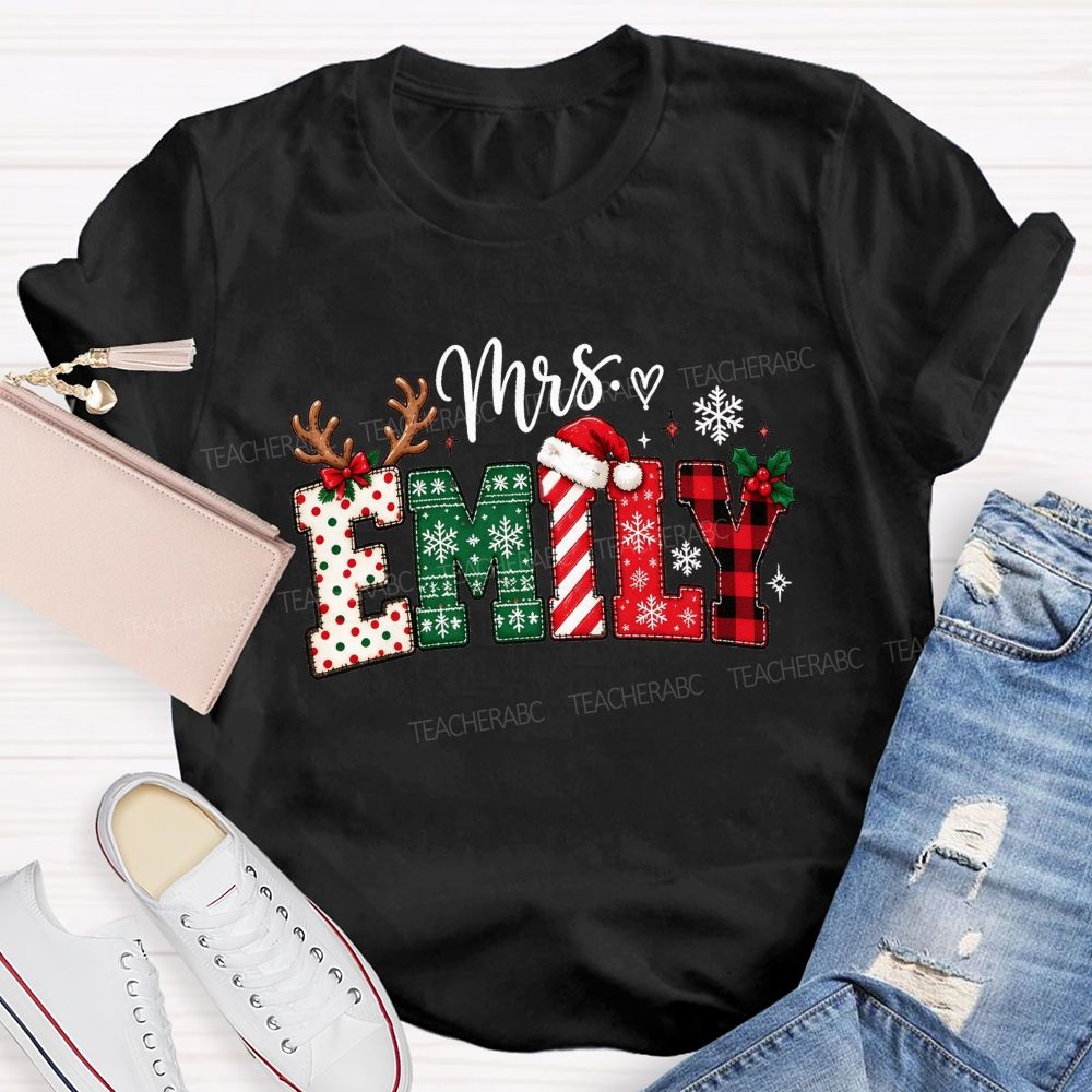 Personalized Name Christmas Red Plaid Emily Teacher T-shirt