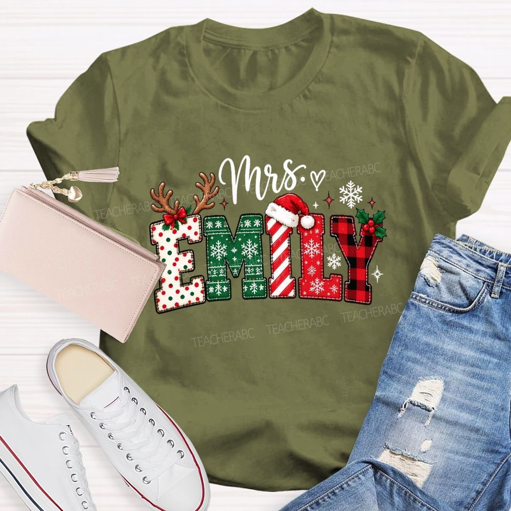 Personalized Name Christmas Red Plaid Emily Teacher T-shirt