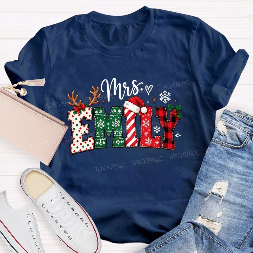 Personalized Name Christmas Red Plaid Emily Teacher T-shirt