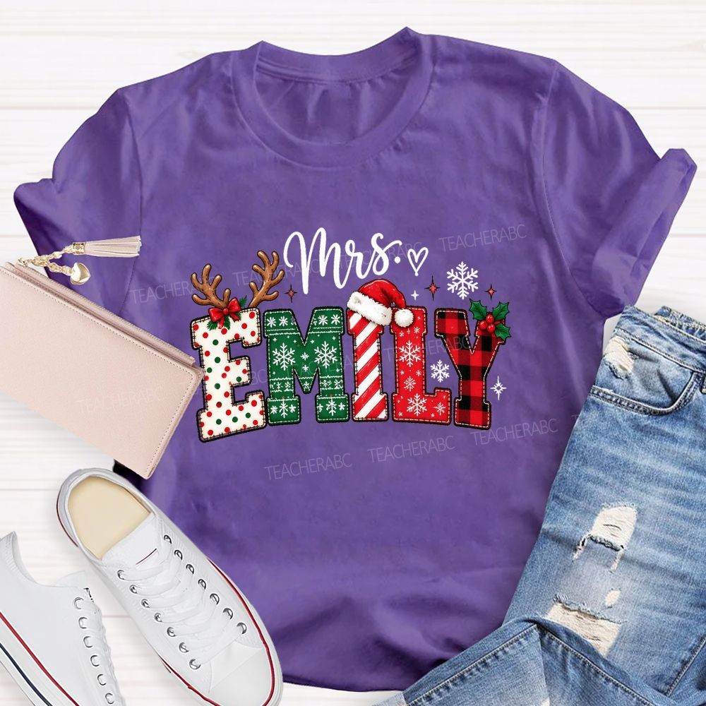 Personalized Name Christmas Red Plaid Emily Teacher T-shirt
