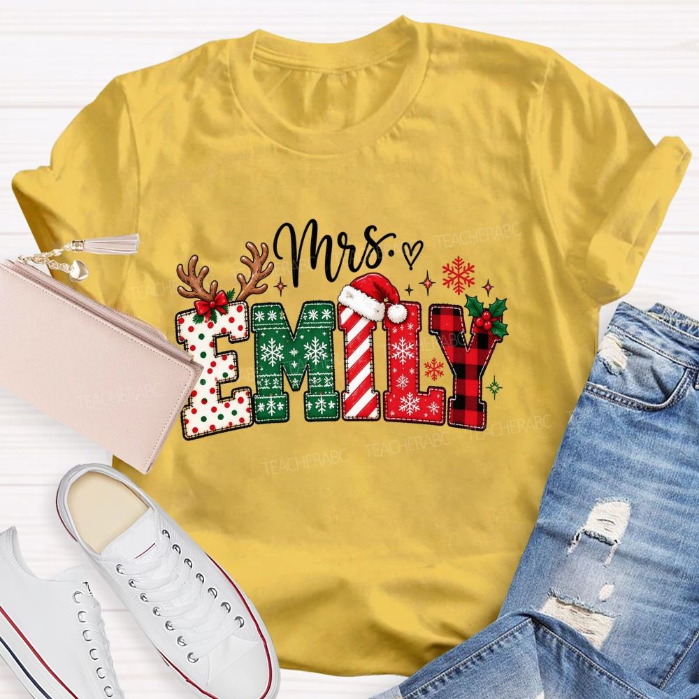 Personalized Name Christmas Red Plaid Emily Teacher T-shirt
