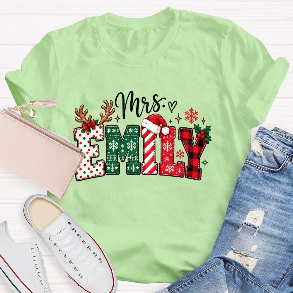 Personalized Name Christmas Red Plaid Emily Teacher T-shirt