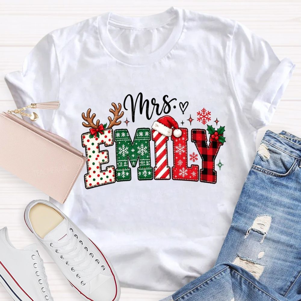 Personalized Name Christmas Red Plaid Emily Teacher T-shirt