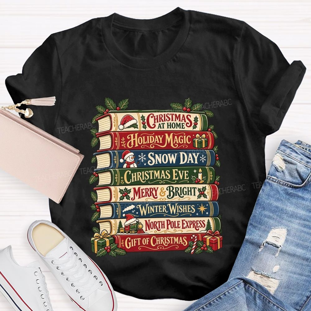 Christmas Book Stack Book Lover Christmas Stacked Books Teacher T-shirt
