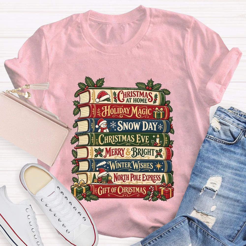 Christmas Book Stack Book Lover Christmas Stacked Books Teacher T-shirt