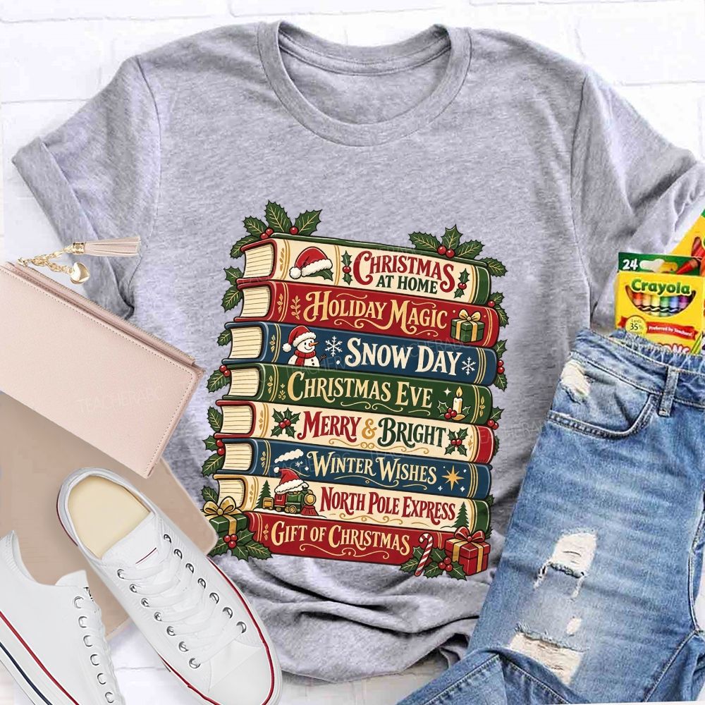 Christmas Book Stack Book Lover Christmas Stacked Books Teacher T-shirt