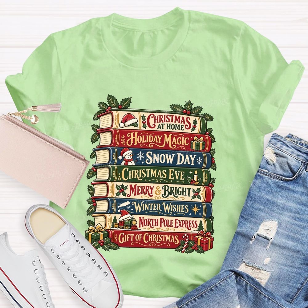 Christmas Book Stack Book Lover Christmas Stacked Books Teacher T-shirt