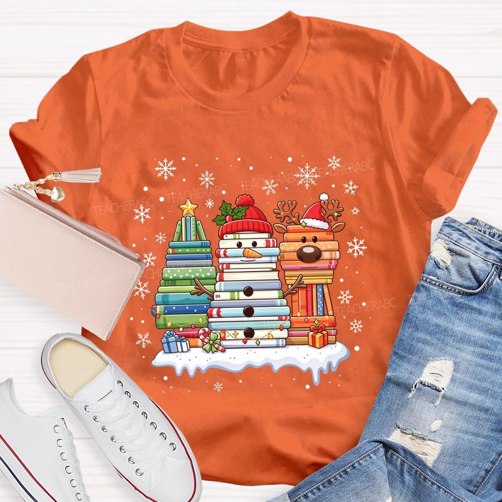 Book Tree Snowman Reindeer Christmas Book Stack Christmas Teacher T-shirt