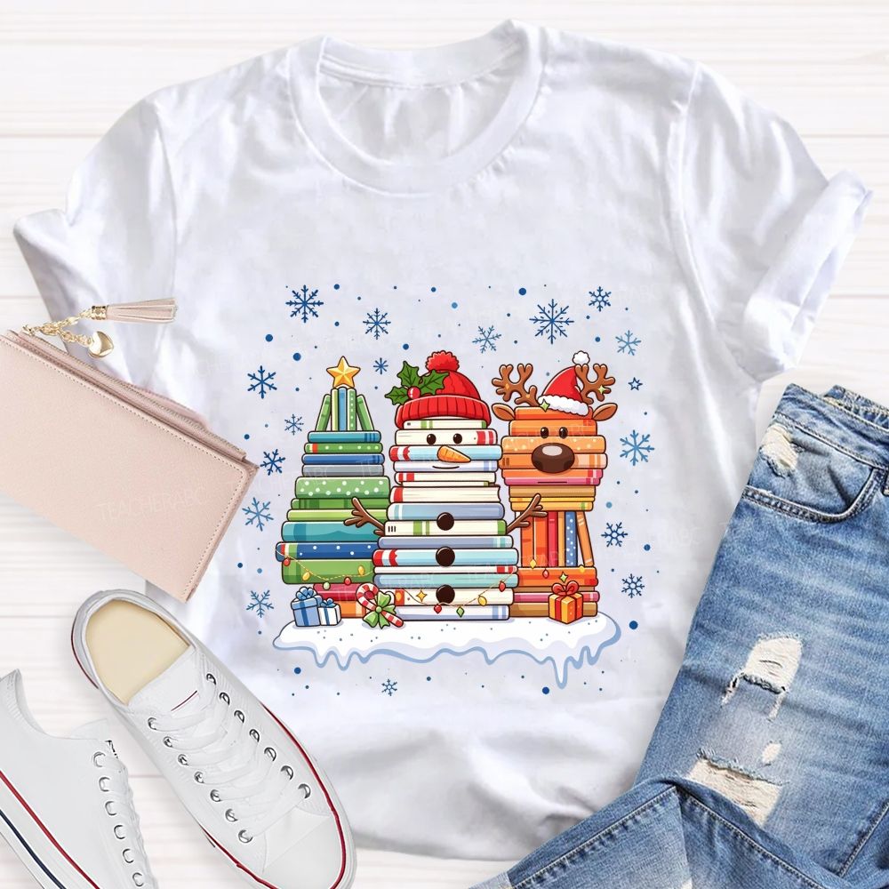 Book Tree Snowman Reindeer Christmas Book Stack Christmas Teacher T-shirt