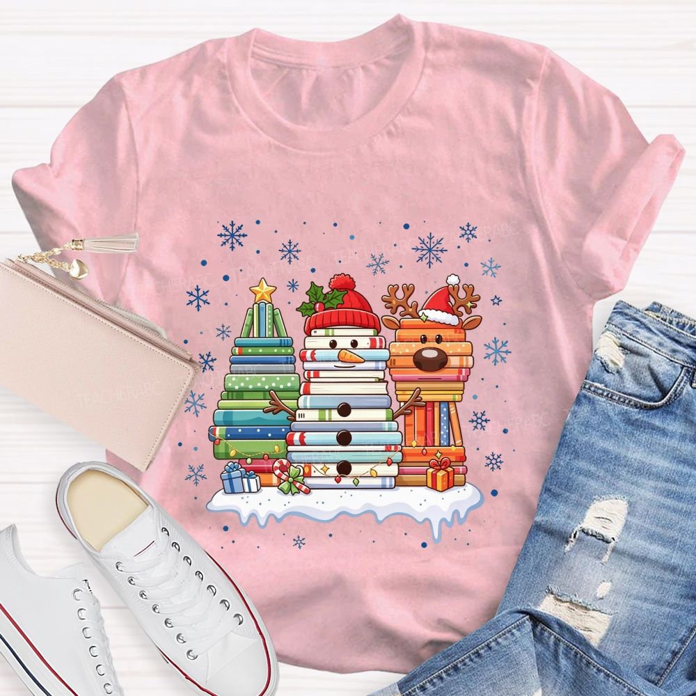 Book Tree Snowman Reindeer Christmas Book Stack Christmas Teacher T-shirt