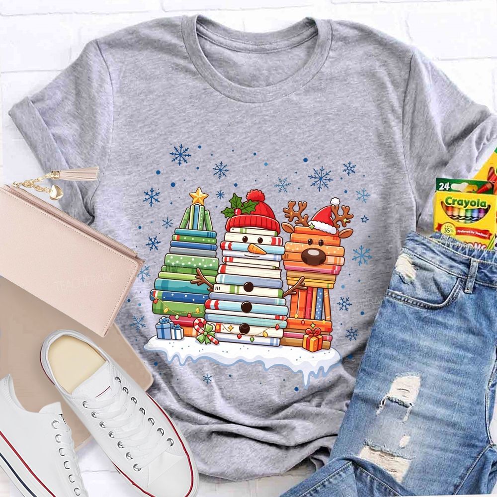 Book Tree Snowman Reindeer Christmas Book Stack Christmas Teacher T-shirt