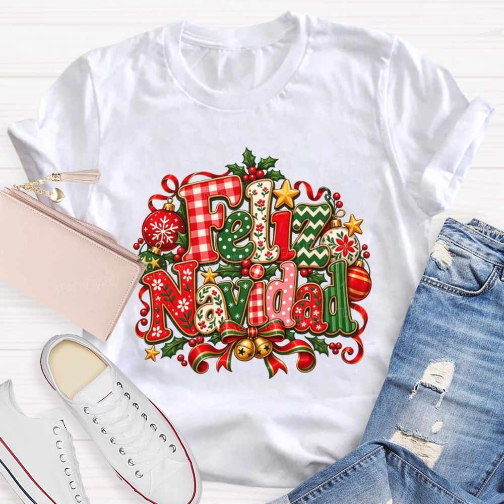 Festive Feliz Navidad Christmas Teacher T-shirt