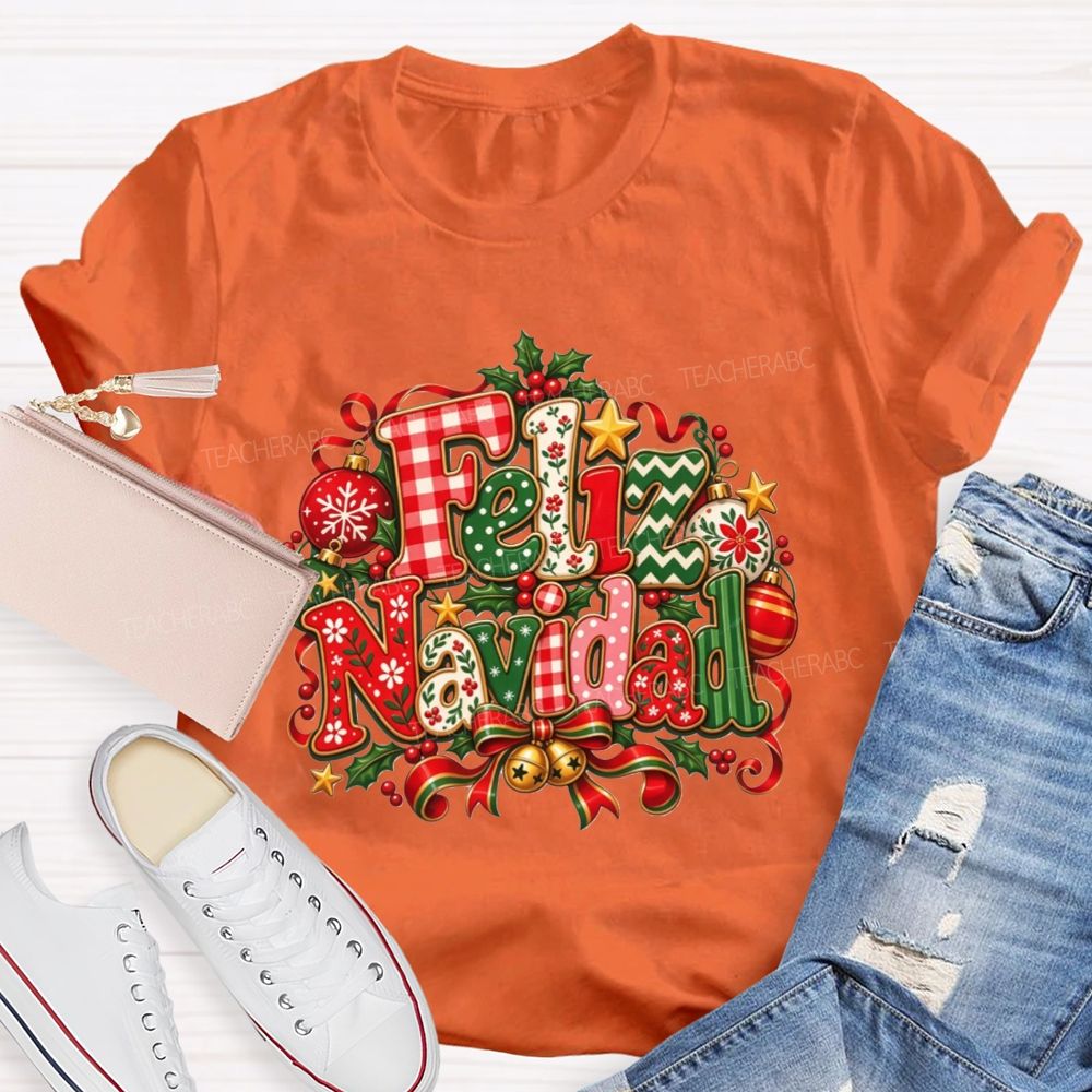 Festive Feliz Navidad Christmas Teacher T-shirt
