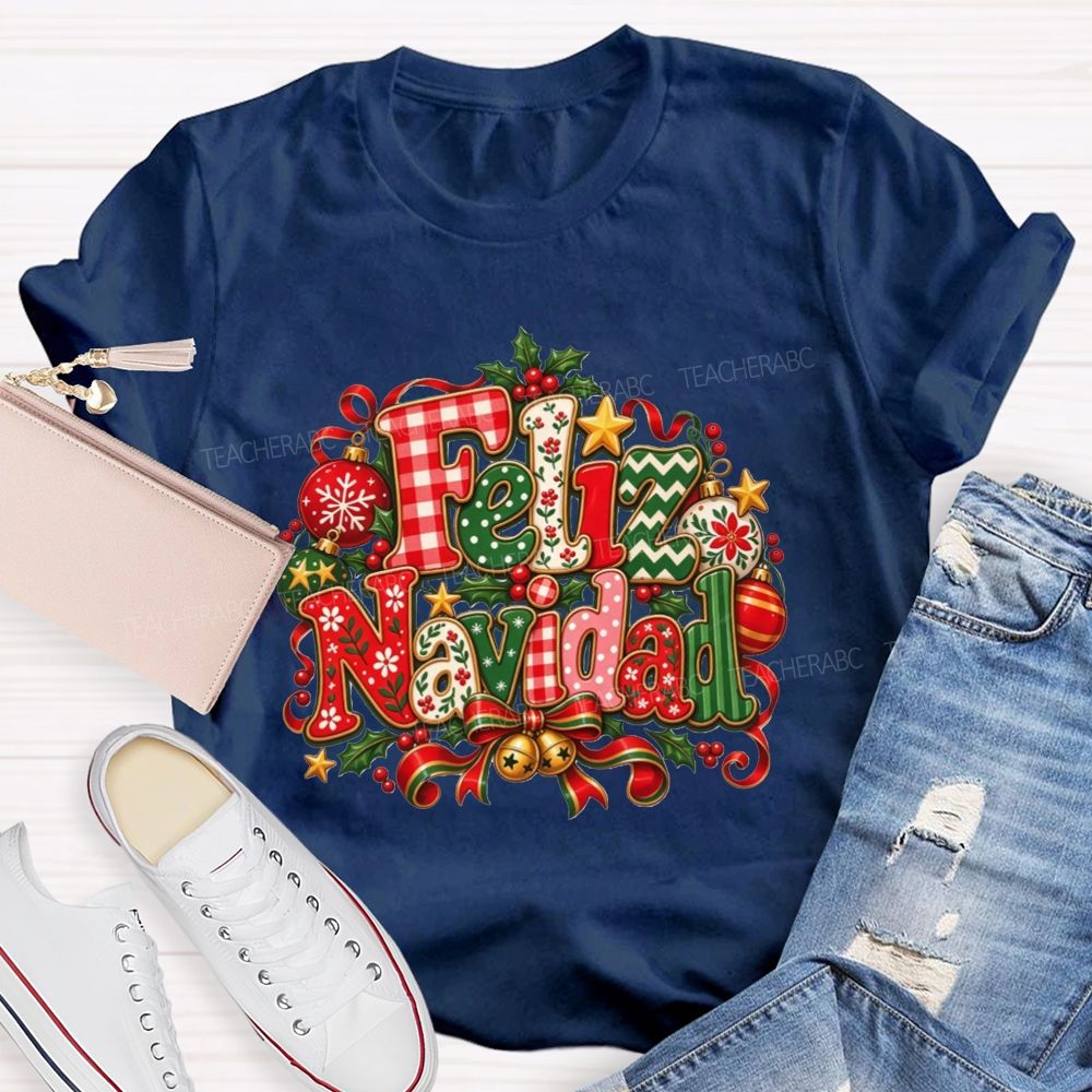 Festive Feliz Navidad Christmas Teacher T-shirt