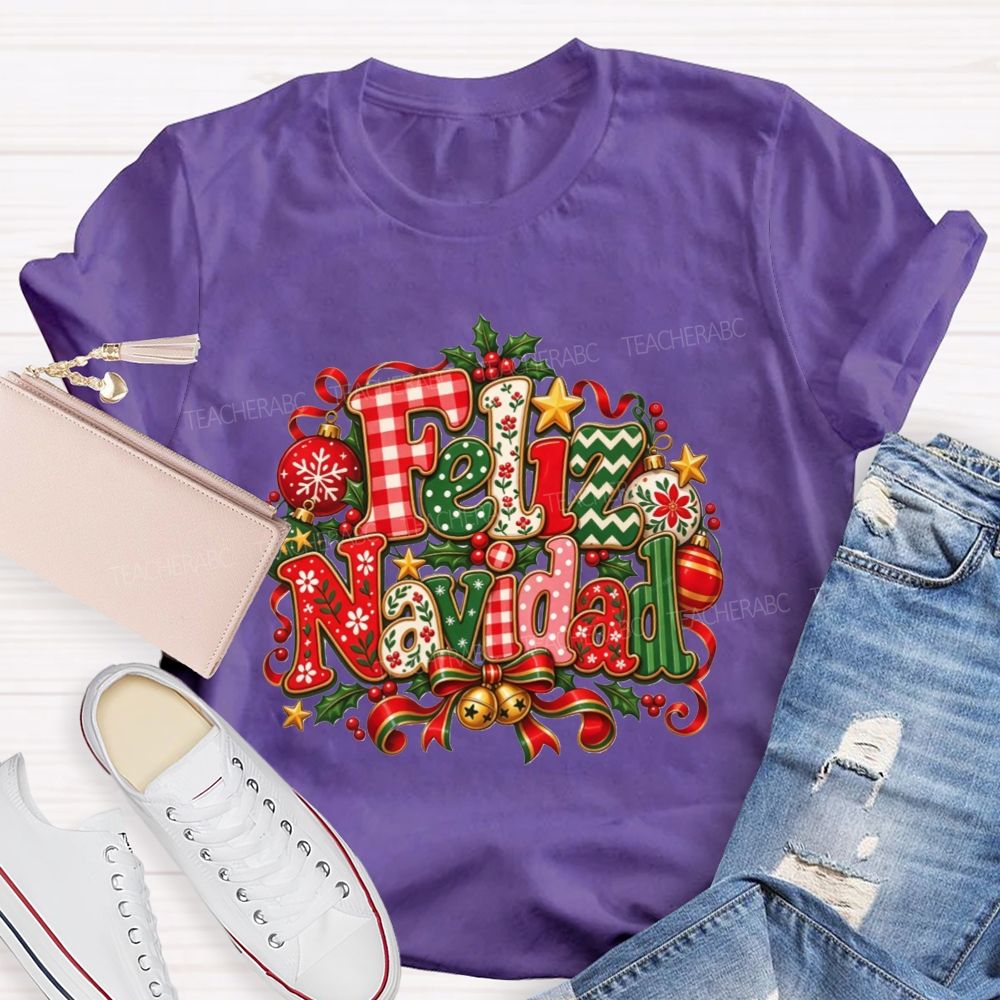 Festive Feliz Navidad Christmas Teacher T-shirt