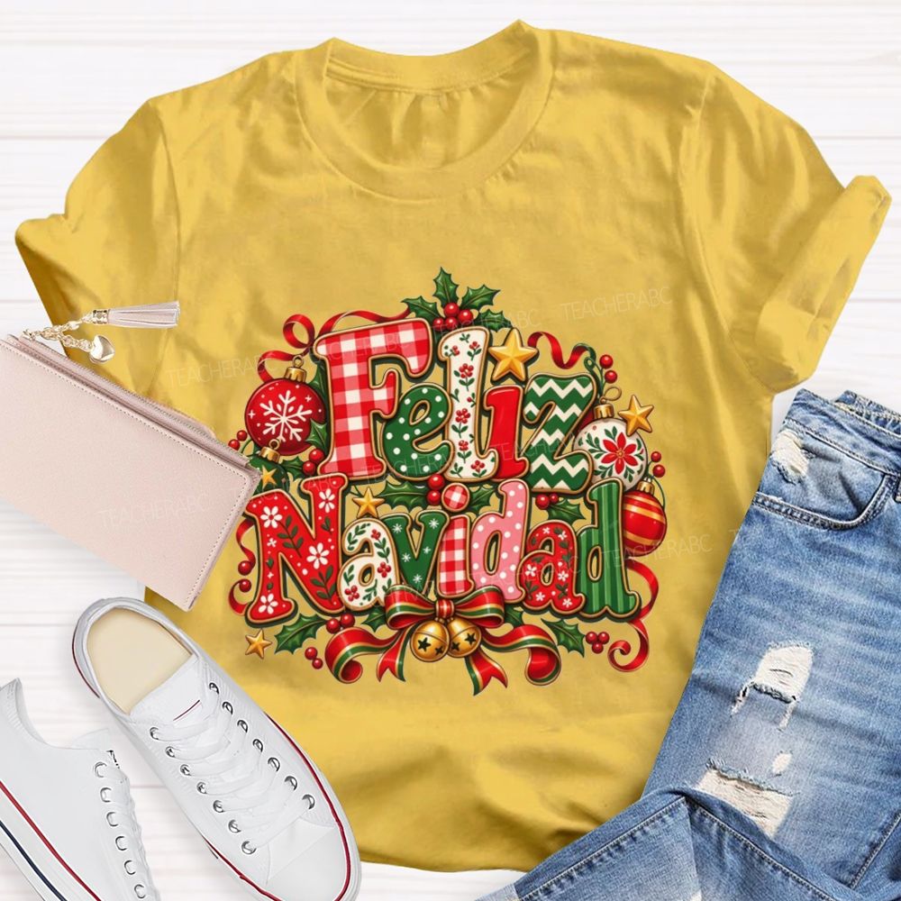 Festive Feliz Navidad Christmas Teacher T-shirt