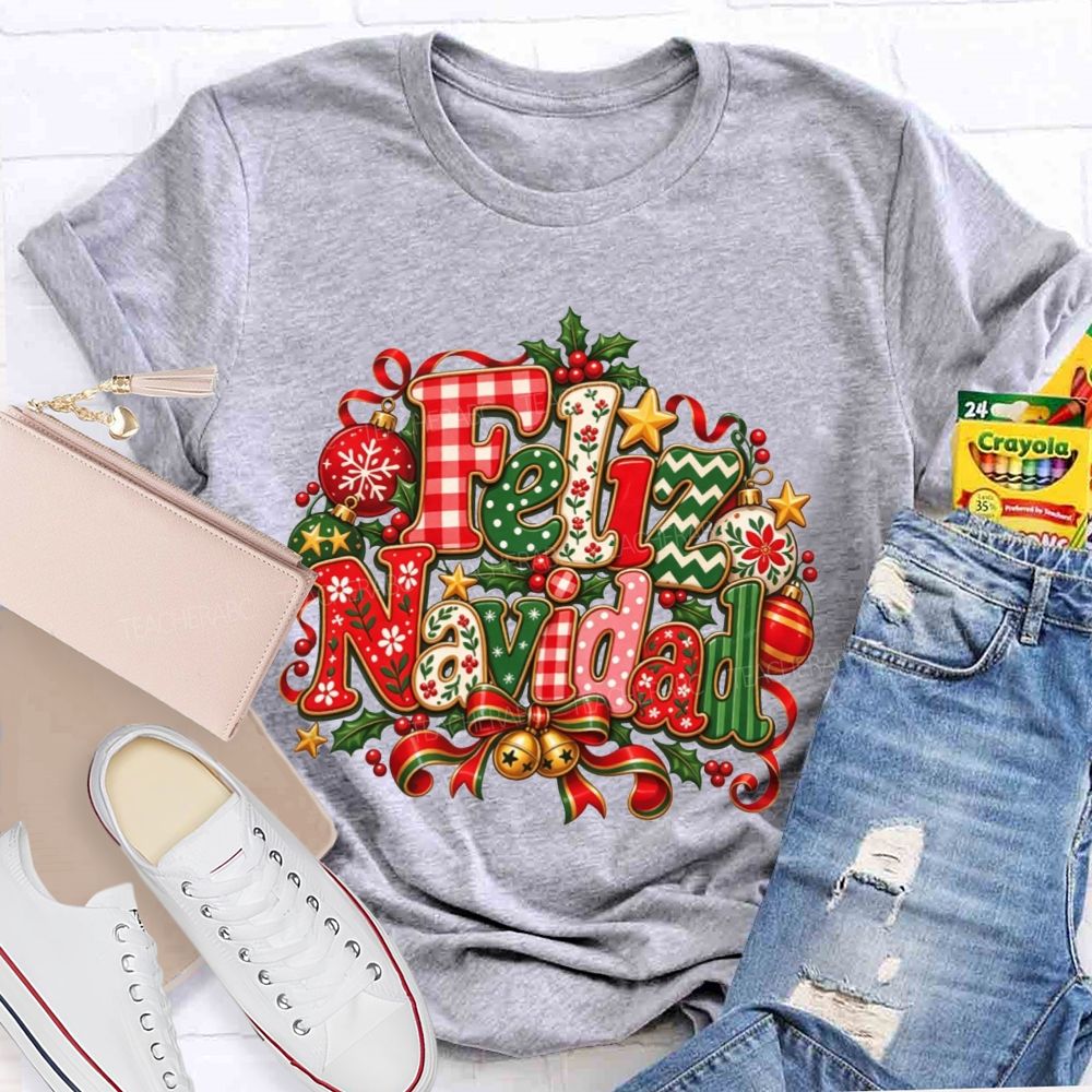 Festive Feliz Navidad Christmas Teacher T-shirt