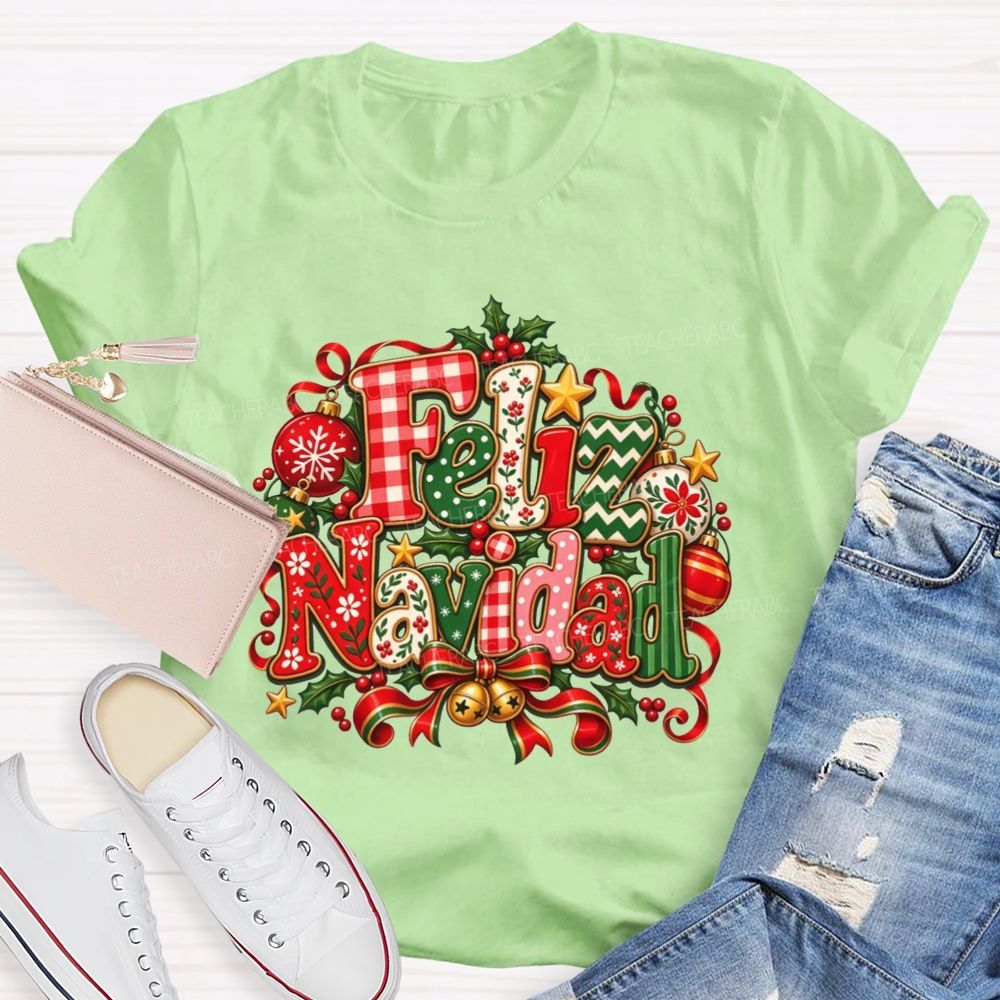 Festive Feliz Navidad Christmas Teacher T-shirt
