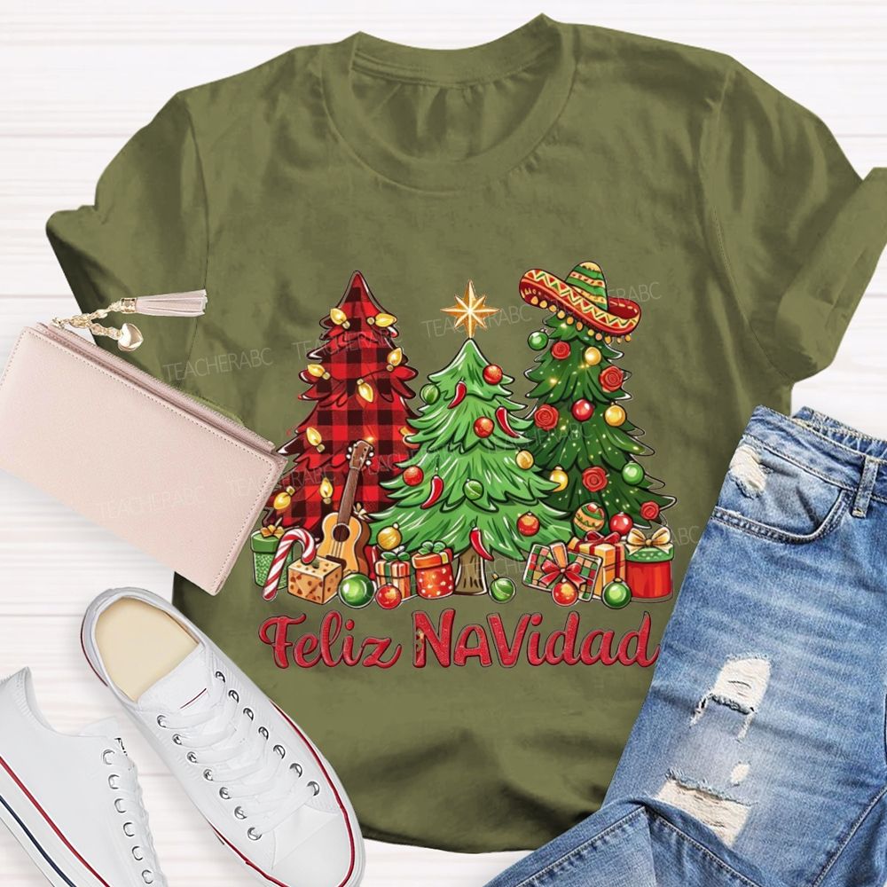 Feliz Navidad Christmas Trees Spanish Christmas Teacher T-shirt