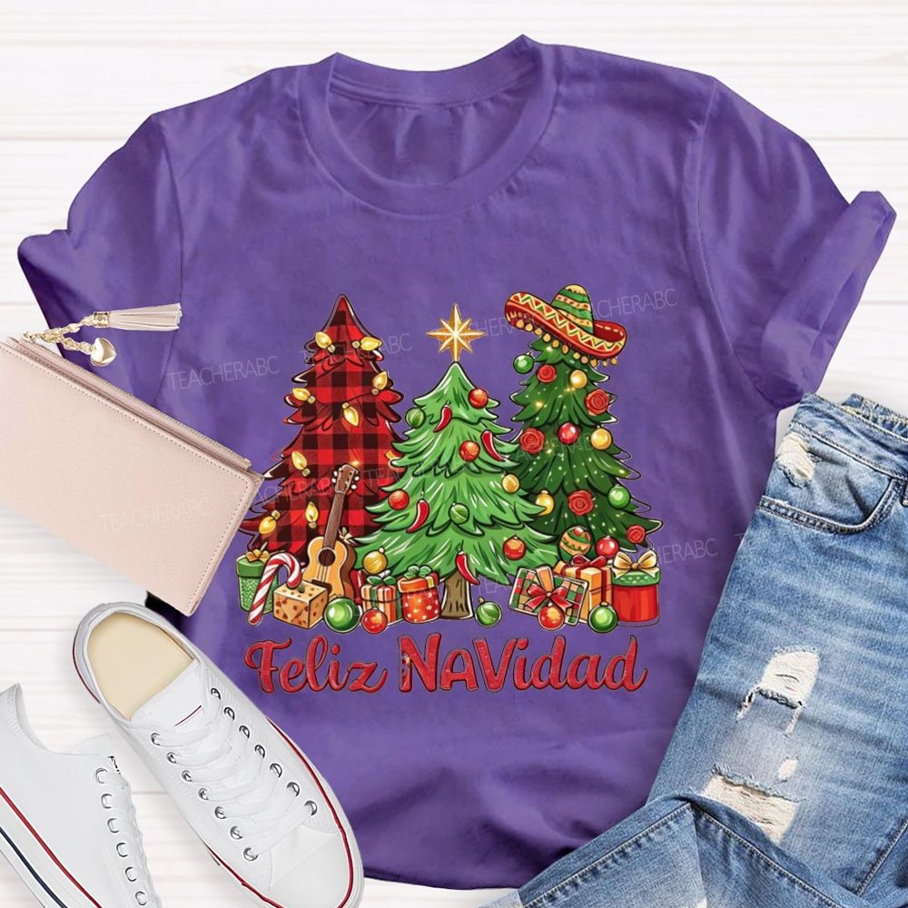 Feliz Navidad Christmas Trees Spanish Christmas Teacher T-shirt