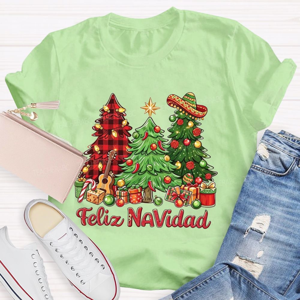 Feliz Navidad Christmas Trees Spanish Christmas Teacher T-shirt