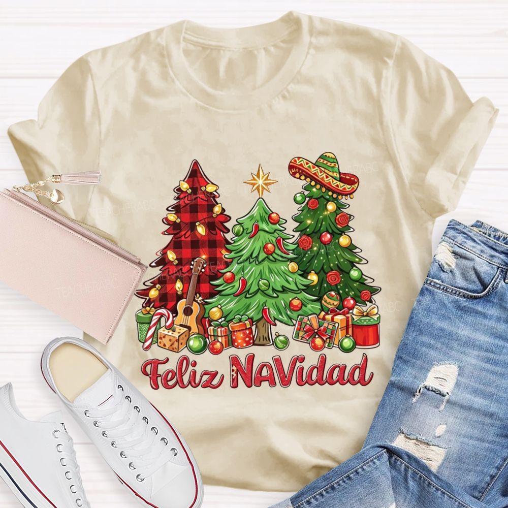 Feliz Navidad Christmas Trees Spanish Christmas Teacher T-shirt