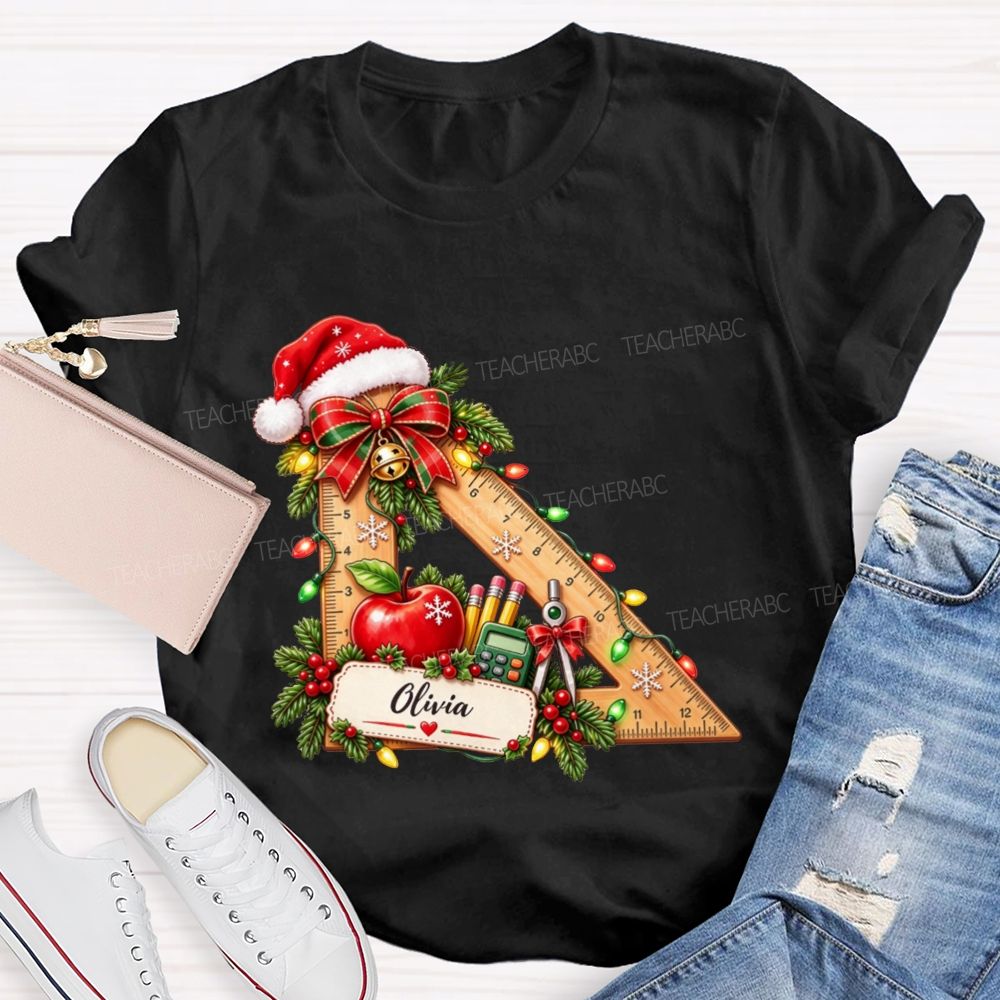 Personalized Name Math Teacher Christmas Ruler School Apple Santa Hat Teacher T-shirt
