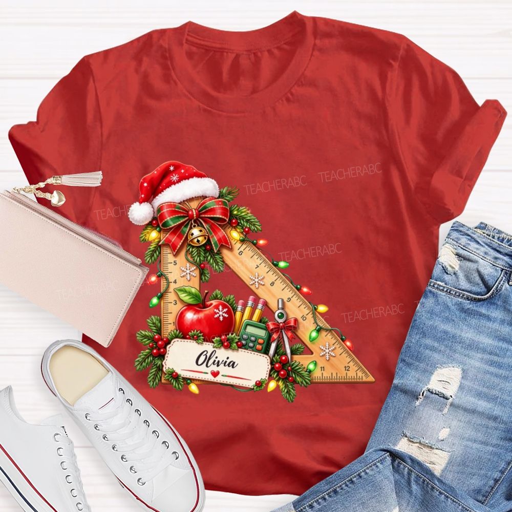 Personalized Name Math Teacher Christmas Ruler School Apple Santa Hat Teacher T-shirt