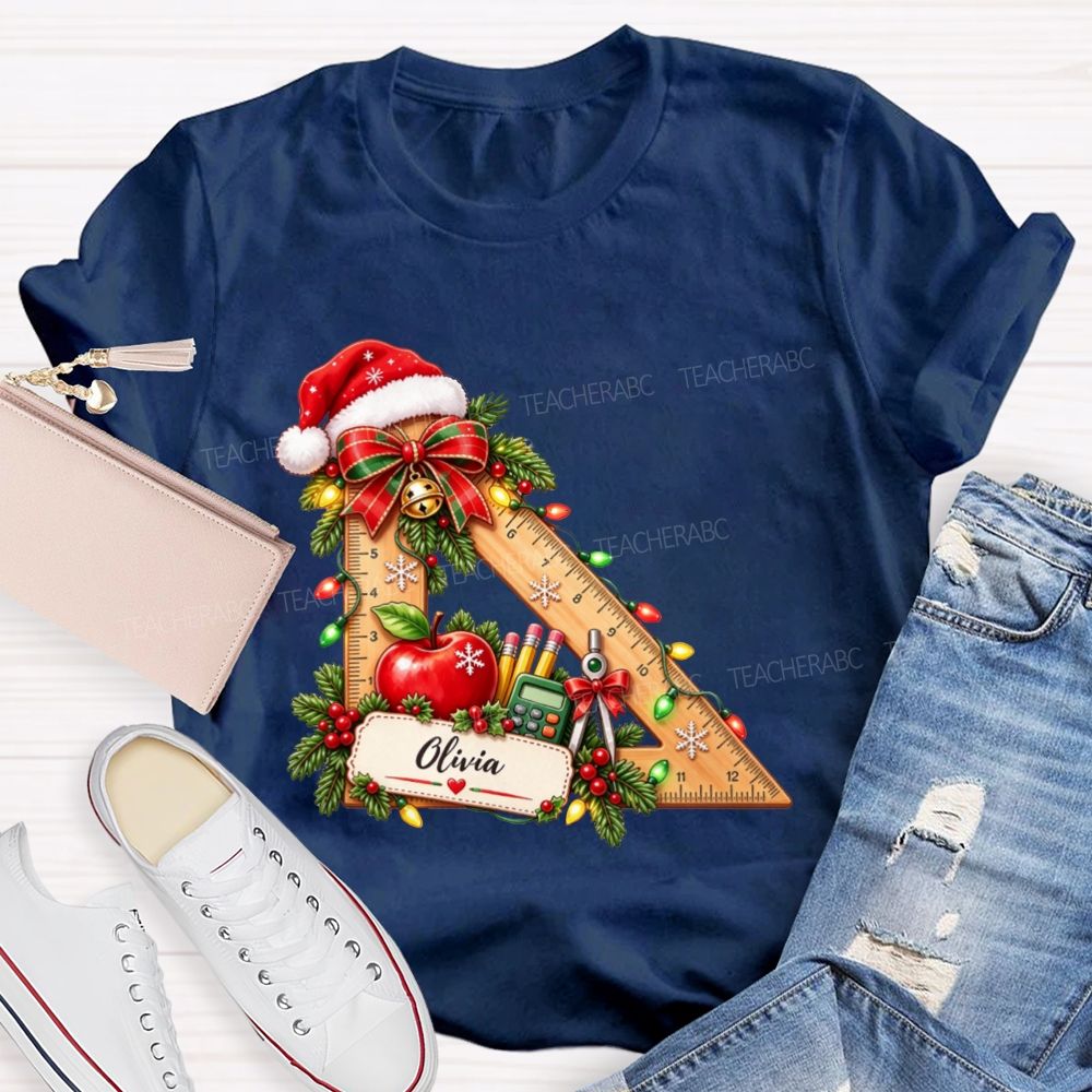 Personalized Name Math Teacher Christmas Ruler School Apple Santa Hat Teacher T-shirt