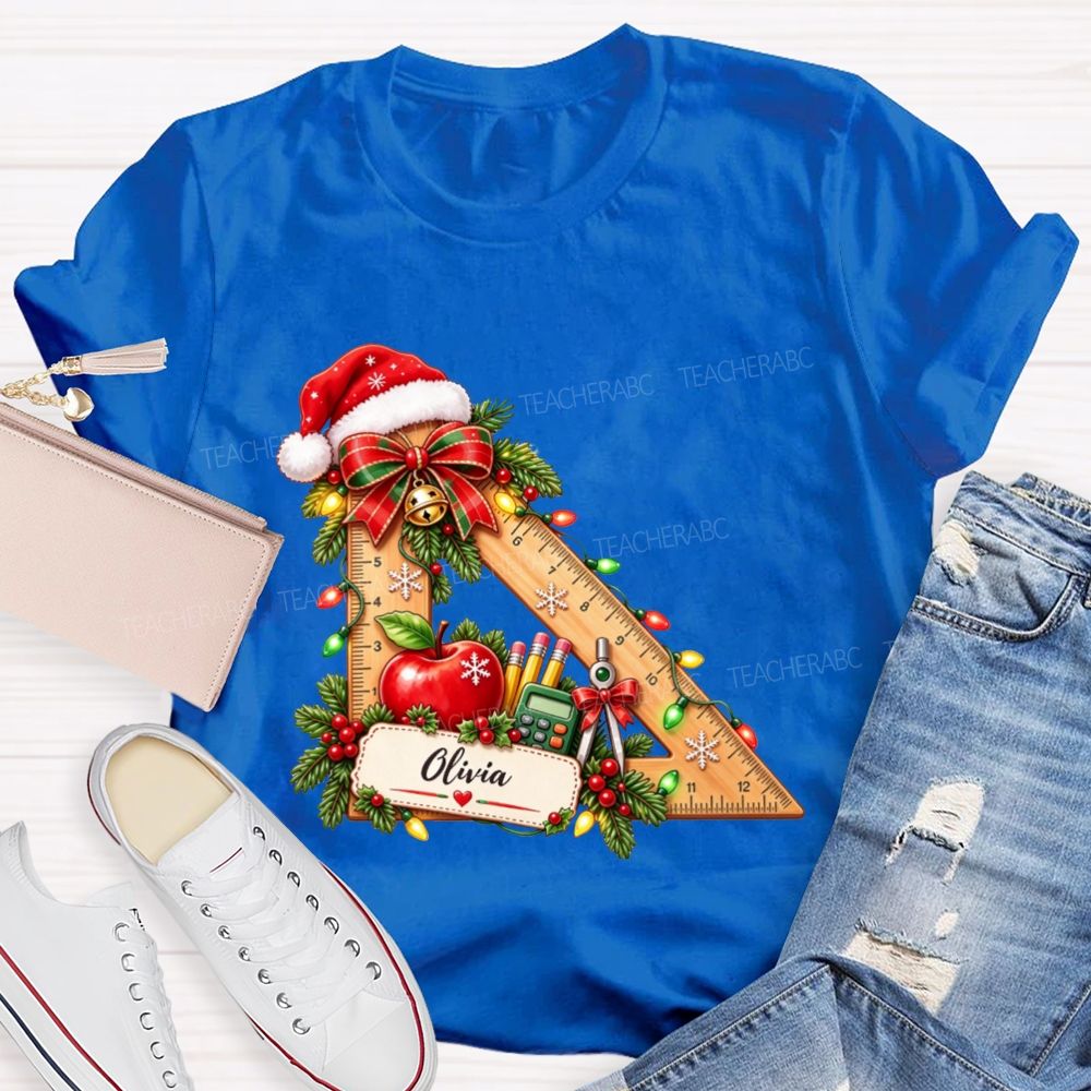Personalized Name Math Teacher Christmas Ruler School Apple Santa Hat Teacher T-shirt