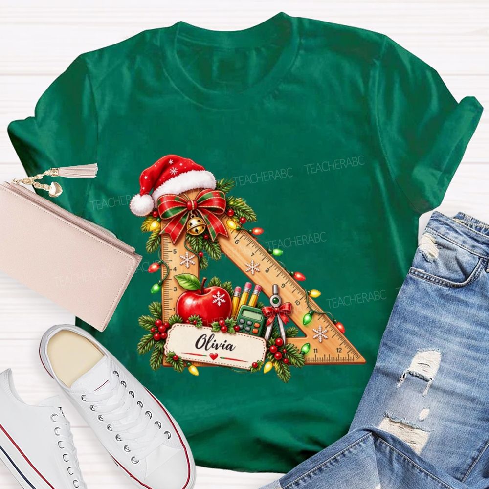 Personalized Name Math Teacher Christmas Ruler School Apple Santa Hat Teacher T-shirt