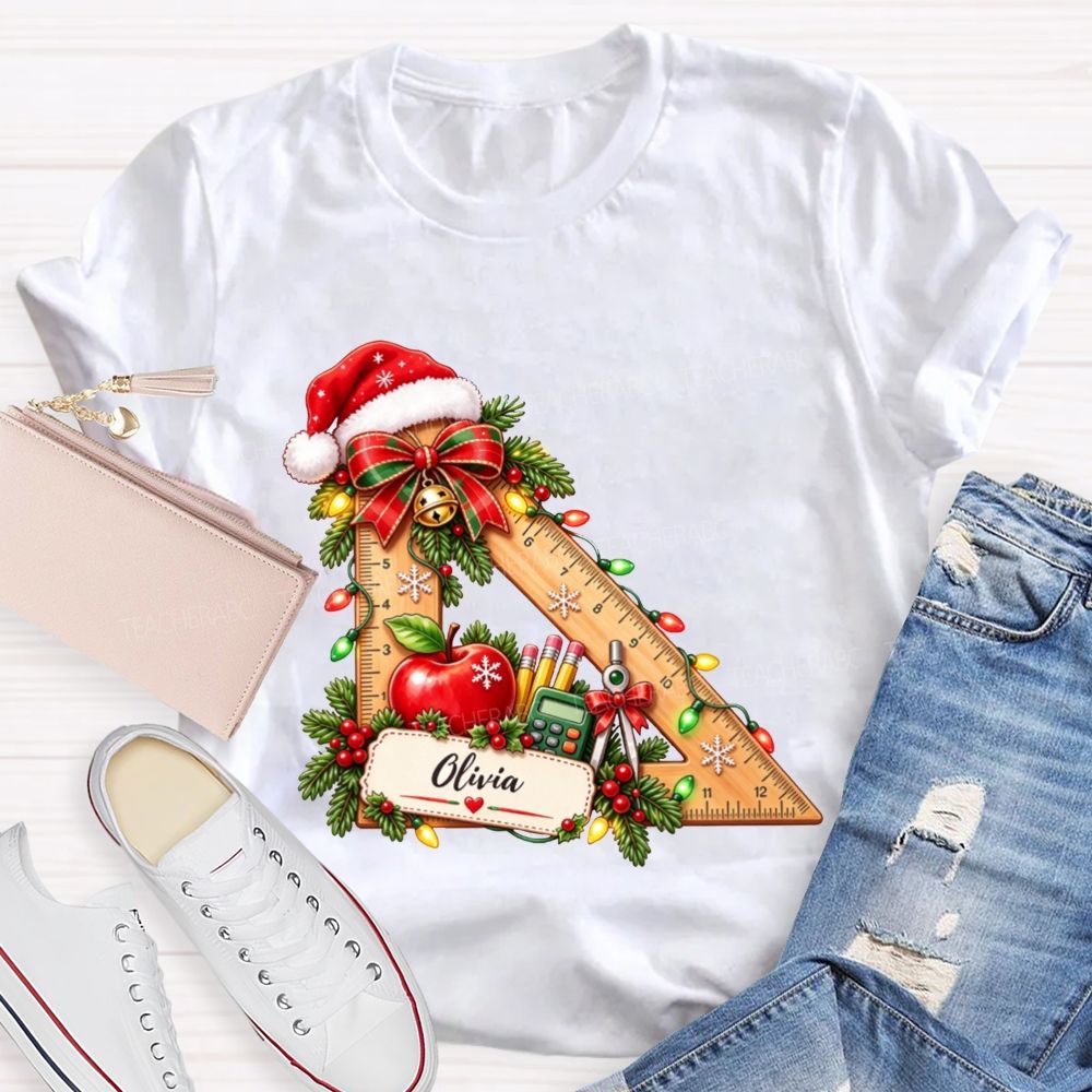 Personalized Name Math Teacher Christmas Ruler School Apple Santa Hat Teacher T-shirt