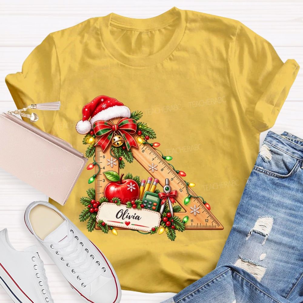 Personalized Name Math Teacher Christmas Ruler School Apple Santa Hat Teacher T-shirt