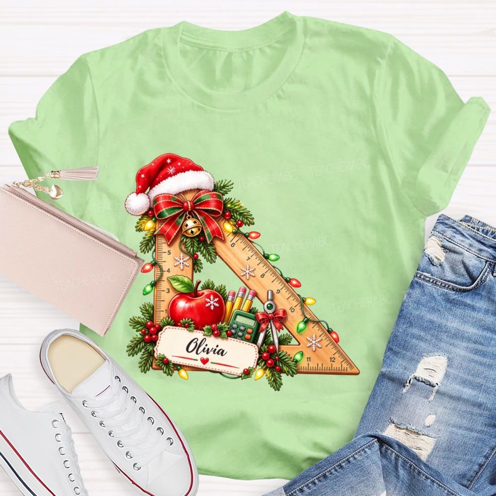 Personalized Name Math Teacher Christmas Ruler School Apple Santa Hat Teacher T-shirt